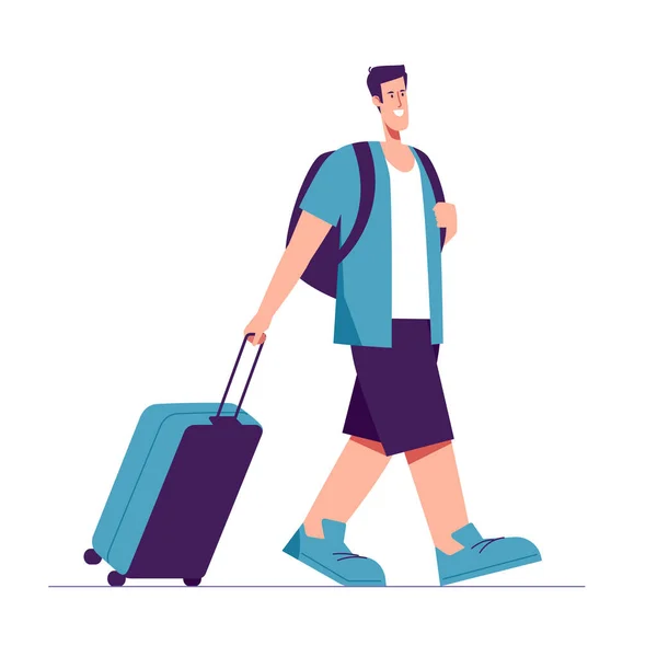 stock vector Vector illustration of a walking man tourist traveler with backpack and suitcase.