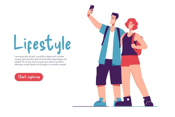 Vektorillustration Eines Touristenpaares Mit Rucksack Beim Selfie — Stockvektor