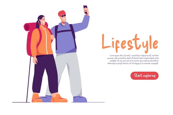 Ilustración Vectorial Par Excursionistas Con Mochilas Tomando Selfie — Vector de stock