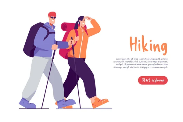 Vector Illustration Walking Couple Hikers Travelers Backpacks Looking Far Away — Stock Vector