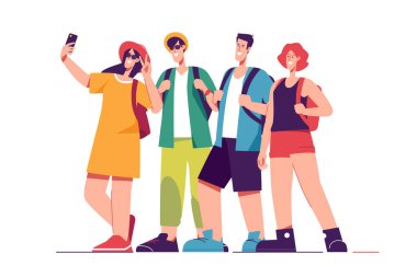 Bir grup mutlu arkadaşın vektör çizimi turistlerin selfie portresi çekmesi..