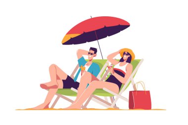 Kumsalda şemsiyenin altında şezlongda otururken mutlu çift dinleniyor. Vektör illüstrasyonu.