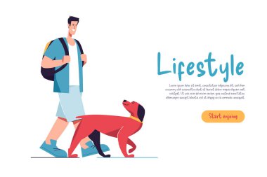 Turist gezgini ve köpeği dışarıda yürüyor. Vektör yanılsaması.