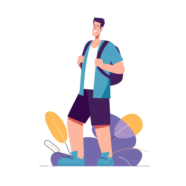 Vector Illustration Standing Man Tourist Traveler Backpack — Stock Vector