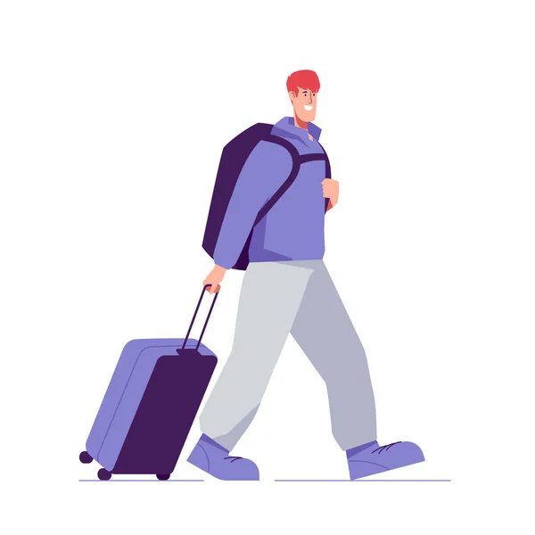 Vector Illustration Walking Man Tourist Traveler Backpack Suitcase — Stock Vector