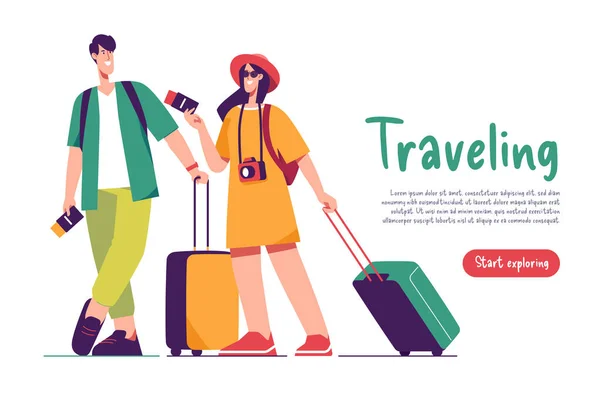 Illustration Vectorielle Couple Touristes Marcheurs Munis Passeports Valises — Image vectorielle
