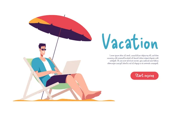 Young Man Sitting Lounge Deck Chair Beach Working Online Laptop — Stock Vector