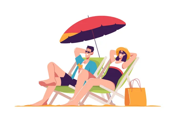 stock vector Happye couple relaxing while sitting in lounge deck chair at the beach under umbrella. Vector illustration.