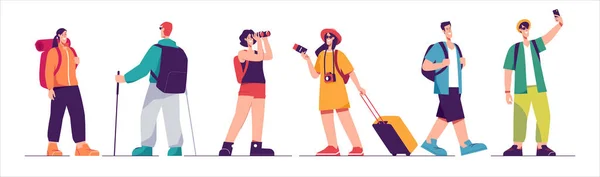 Conjunto Turistas Personajes Personas Viajando Ilustración Vectorial Sobre Tema Las — Vector de stock