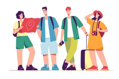 Turist turistlerden oluşan mutlu bir arkadaş grubunun temsilcisi..