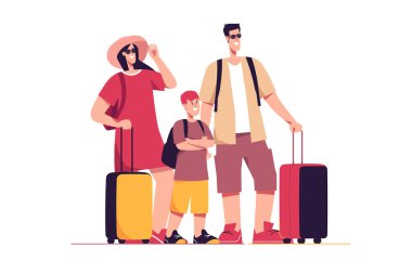 Seyahat eden mutlu bir turist ailesinin temsilcisi..