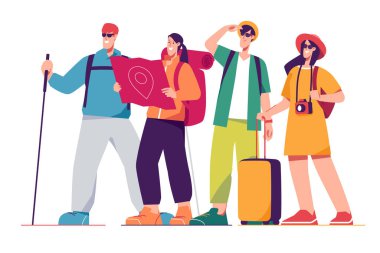 Turist turistlerden oluşan mutlu bir arkadaş grubunun temsilcisi..