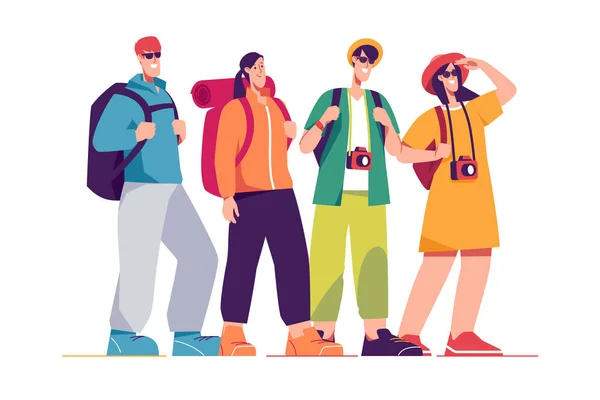 Vektor Illustration Einer Gruppe Von Glücklichen Freunden Touristen Reisende — Stockvektor