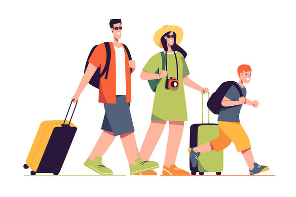 Happy traveling tourist family. Vector illustration.