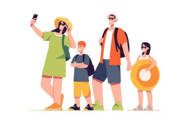 Seyahat eden mutlu turist ailesi. Vektör illüstrasyonu.