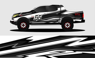 Araba ambalajı tasarımı, kamyon ve kargo kamyonu ambalaj vektörü. Araç, yarış, reklam, macera ve giysi arabası için grafiksel soyut çizimler