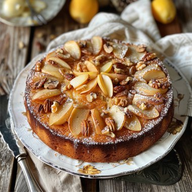 Tarçınlı ev yapımı limonlu turta ve ahşap masada badem.