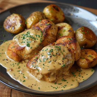 Izgara tavuk göğsü ve soslu patates ve mantar..