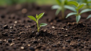 Bahar bahçesinde toprakta yetişen genç fideler.