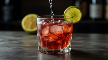 Siyah masada limonlu ve buzlu kırmızı kokteyl.