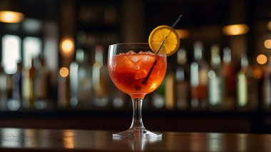 Bir bardak kırmızı şarap ve barın üstünde bir kokteyl.