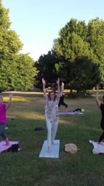 ENGLAND, LUTON TOWN - 04th April 2022: Genç İngiliz Kadınlardan oluşan bir grup, Wardown Halk Parkı Yüksek Açılı Görüntü Parkı 'nda egzersiz yapıyor. Luton Kasabası 'nda Parlak Güneşli Gün