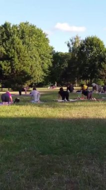ENGLAND, LUTON TOWN - 04th April 2022: Genç İngiliz Kadınlardan oluşan bir grup, Wardown Halk Parkı Yüksek Açılı Görüntü Parkı 'nda egzersiz yapıyor. Luton Kasabası 'nda Parlak Güneşli Gün