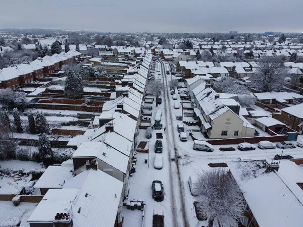 High angle view of Snow covered North Luton's landscape and Cityscape ...