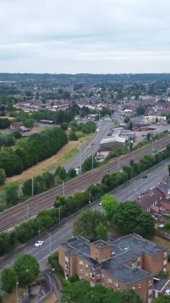 Aerial Footage Train Tracks Passing Luton Town England Vertical Portrait — Stock Video
