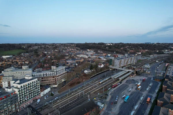 Aerial View of Residential houses and City Centre of British City of England UK