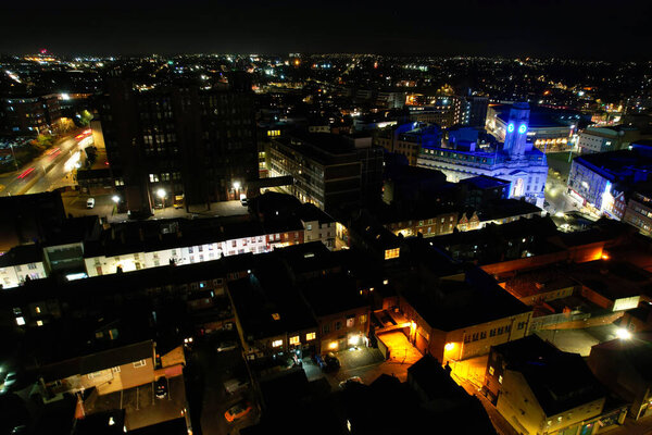 Aerial Night View of Central Luton City