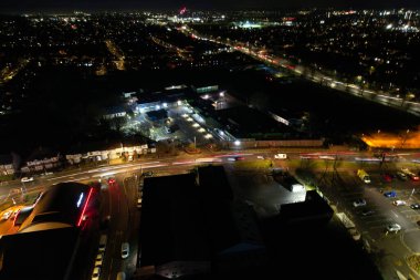 Unreleased Editorial. Illuminated View of Luton City of England UK During Night. Aerial View of Road and Traffic with Businesses at Night. Drone's Camera Footage was Captured on a Cold Night of 23rd January 2023