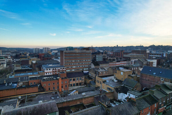 GREAT BRITAIN, LUTON - 22ND JANUARY, 2023: High Angle View of City Center, Modern and Historical View of Town of England 