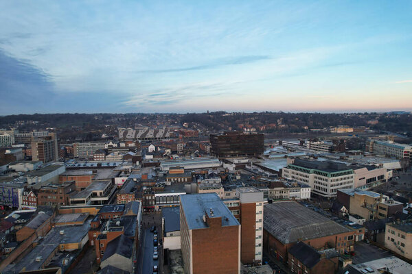 ENGLAND, UK, LUTON - 22ND JANUARY, 2023: High Angle of Luton City Center, Modern and Historical Town of England, Drone View 