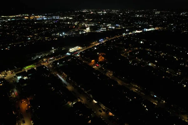 Αεροφωτογραφία Του Φωτισμένη Πόλη Νύχτα — Φωτογραφία Αρχείου