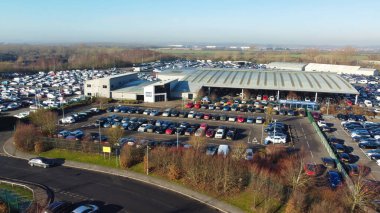 UNITED KINGDOM, BEDFORD - 6TH FEBRUARY, 2023: Aerial View of Huge and Big Car Parking of Local Car Sales Auctions at Kempston Bedford Town of England United Kingdom
