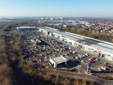 UNITED KINGDOM, BEDFORD - 6TH FEBRUARY, 2023: Aerial View of Huge and Big Car Parking of Local Car Sales Auctions at Kempston Bedford Town of England United Kingdom