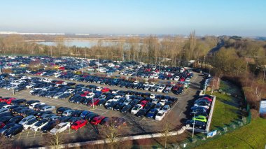 UNITED KINGDOM, BEDFORD - 6TH FEBRUARY, 2023: Aerial View of Huge and Big Car Parking of Local Car Sales Auctions at Kempston Bedford Town of England United Kingdom