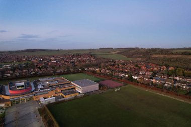 High Angle View of Central Luton City and Buildings During Sunset