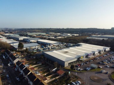 UNITED KINGDOM, LUTON - 15TH FEBRUARY, 2023: Drone View of Chaul End Lane Retail Park at Daytime