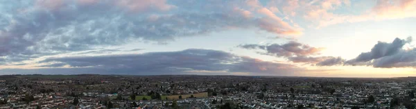 Vista Aérea Cidade Durante Pôr Sol Panorâmica — Fotografia de Stock