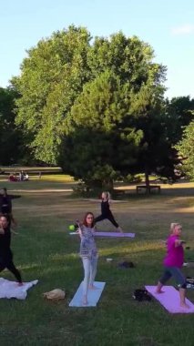 ENGLAND, LUTON TOWN - 04th April 2022: Genç İngiliz Kadınlardan oluşan bir grup, Wardown Halk Parkı Yüksek Açılı Görüntü Parkı 'nda egzersiz yapıyor. Luton Kasabası 'nda Parlak Güneşli Gün