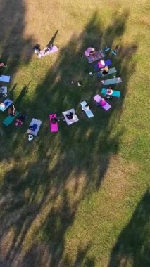 ENGLAND, LUTON TOWN - 04th April 2022: Genç İngiliz Kadınlardan oluşan bir grup, Wardown Halk Parkı Yüksek Açılı Görüntü Parkı 'nda egzersiz yapıyor. Luton Kasabası 'nda Parlak Güneşli Gün
