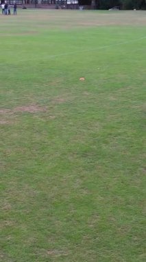 İngiltere, İngiltere, LUTON - 11 Mart 2023: Şehir parkında futbol oynayan gençlerin yavaş çekim görüntüleri 