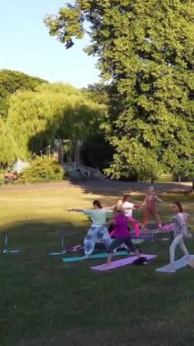 ENGLAND, LUTON TOWN - 04th April 2022: Genç İngiliz Kadınlardan oluşan bir grup, Wardown Halk Parkı Yüksek Açılı Görüntü Parkı 'nda egzersiz yapıyor. Luton Kasabası 'nda Parlak Güneşli Gün