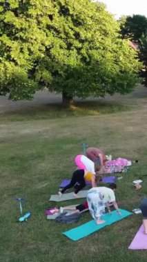 ENGLAND, LUTON TOWN - 04th April 2022: Genç İngiliz Kadınlardan oluşan bir grup, Wardown Halk Parkı Yüksek Açılı Görüntü Parkı 'nda egzersiz yapıyor. Luton Kasabası 'nda Parlak Güneşli Gün