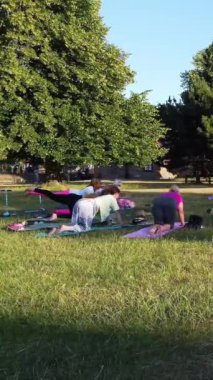 ENGLAND, LUTON TOWN - 04th April 2022: Genç İngiliz Kadınlardan oluşan bir grup, Wardown Halk Parkı Yüksek Açılı Görüntü Parkı 'nda egzersiz yapıyor. Luton Kasabası 'nda Parlak Güneşli Gün