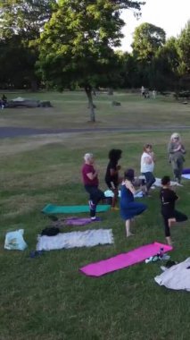 ENGLAND, LUTON TOWN - 04th April 2022: Genç İngiliz Kadınlardan oluşan bir grup, Wardown Halk Parkı Yüksek Açılı Görüntü Parkı 'nda egzersiz yapıyor. Luton Kasabası 'nda Parlak Güneşli Gün