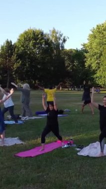 Birlikte Yoga Yapan Kadınlar Grubu Sıcak Yaz Günbatımında Halk Parkı 'nda, Wardown Park Luton İngiltere Havacılık Yüksek Açılı Manzarası' nda