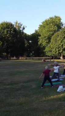 Birlikte Yoga Yapan Kadınlar Grubu Sıcak Yaz Günbatımında Halk Parkı 'nda, Wardown Park Luton İngiltere Havacılık Yüksek Açılı Manzarası' nda
